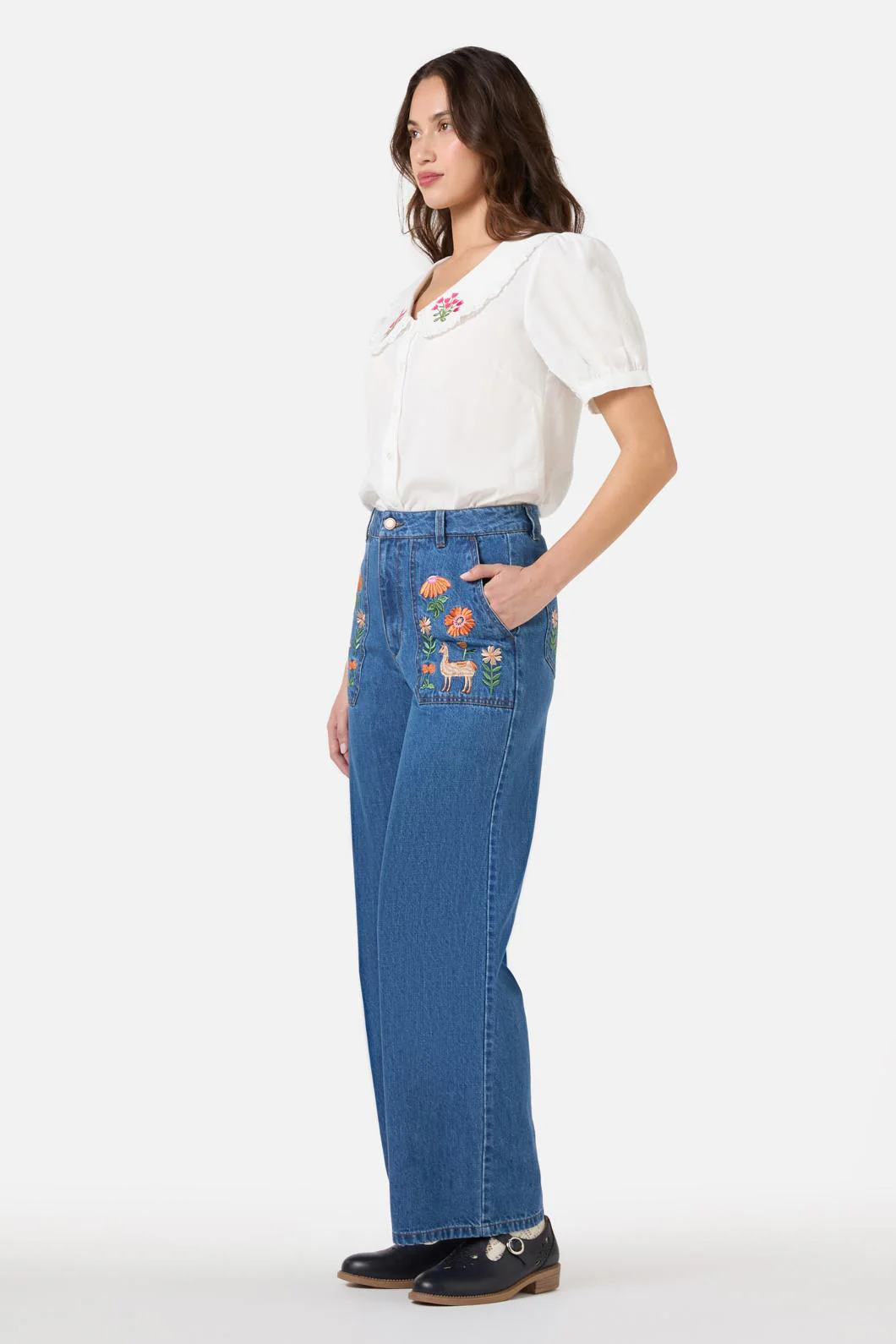 Llama Embroidered Denim Jean - Image 4